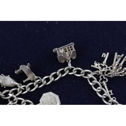 37 - Vintage 1970s .925 Sterling Silver CHARM BRACELET w/ Heart Padlock Clasp (38g)