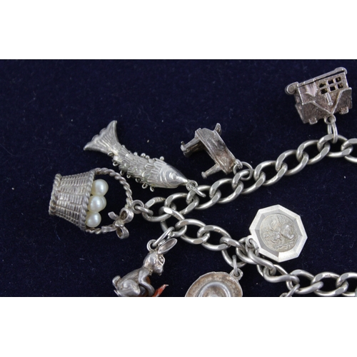 37 - Vintage 1970s .925 Sterling Silver CHARM BRACELET w/ Heart Padlock Clasp (38g)