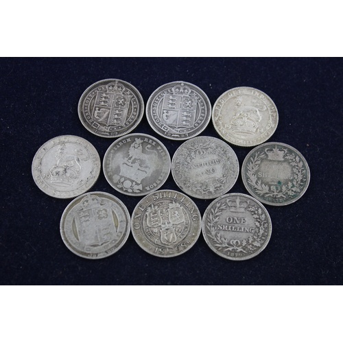 129 - 10 x Pre 1920 SILVER Shilling COINS (54g)