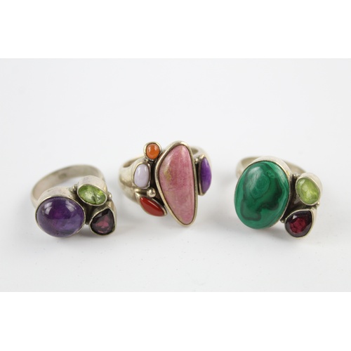 30 - 3 x .925 Sterling Silver MULTI GEMSTONE RINGS inc. Malachite, Amethyst (26g)