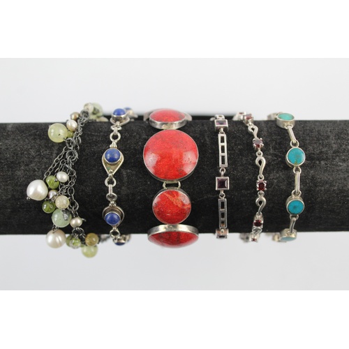 32 - 6 x Vintage .925 Sterling Silver Stone Set BRACELETS inc. Coral, Pearl (74g)