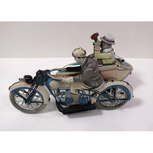 158 - VINTAGE WIND UP TINPLATE MOTORCYCLE AND SIDE CAR - WITH KEY - WORKING