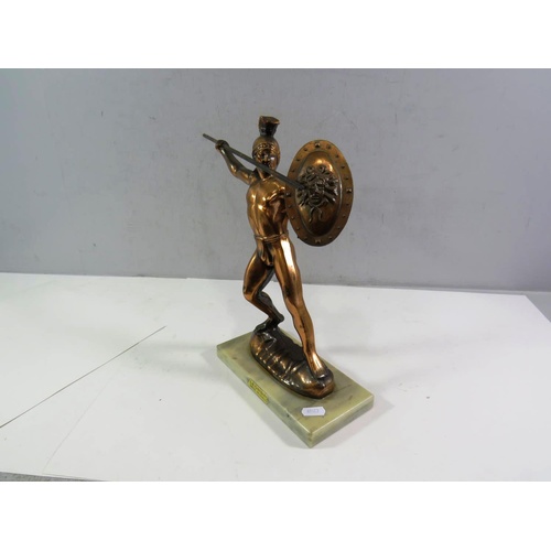 170 - COPPER STATUE ON MARBLE BASE OF GREEK WARRIOR