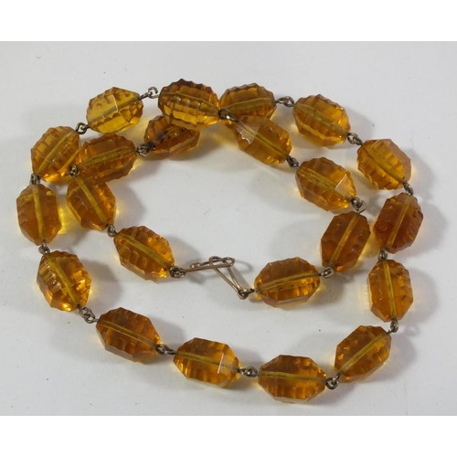 187 - ANTIQUE AMBER CUT GLASS BEAD NECKLACE