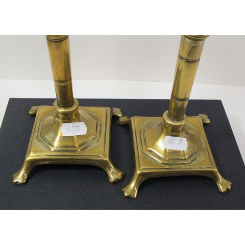 194 - PAIR OF VICTORIAN SOLID BRASS CANDLESTICKS ON SQUARE BRASS FEET CIRCA 1880