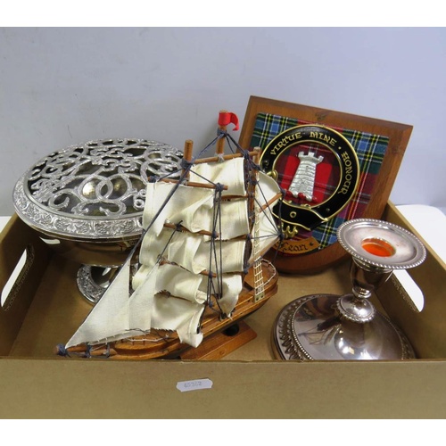 421 - MODEL BOAT, SILVER PLATE ITEMS AND A SCOTTISH CREST PLAQUE