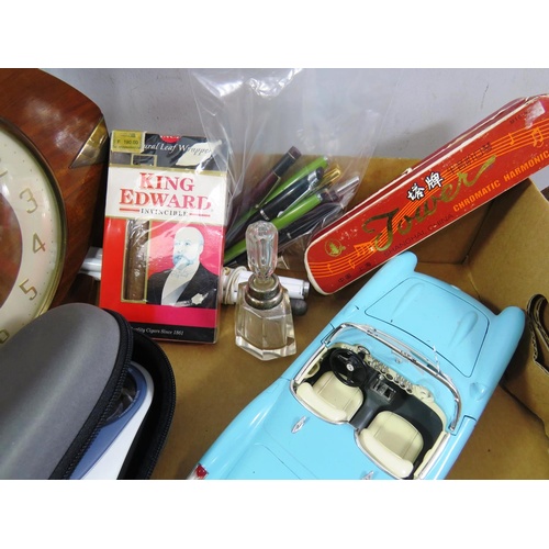 431 - BOX OF COLLECTABLE  ITEMS INCLUDING FOUNTAIN PENS, SILVER RINGED PERFUME BOTTLE, CIGARS ETC