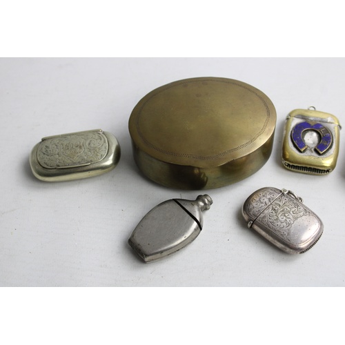 5 - 6 Antique / Vintage SNUFF BOXES & VESTA Cases Inc Brass, Silver Plate, Good Luck