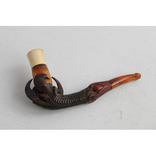 11 - Antique Carved Meerschaum Amber Claw Estate Pipe / Cheroot Holder In Fitted Case