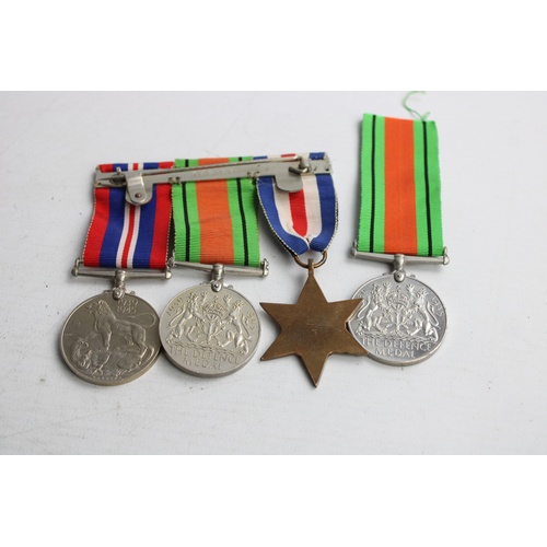 32 - 4 x Vintage WW2 Medals w/ Original Ribbons Inc Group of 3 Mounted On Bar