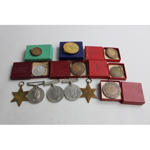 146 - 12 x Vintage MILITARY Medals Inc WW2, Sports Medals, Boxed Etc