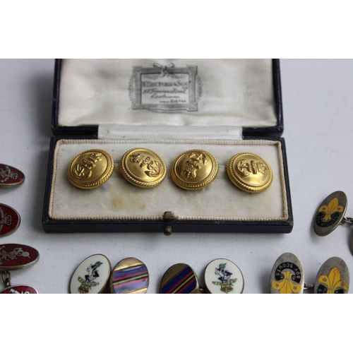 152 - 4 Pairs of Vintage MILITARY & BOY SCOUTS Cufflinks Inc Boxed Kings Crown, Enamel