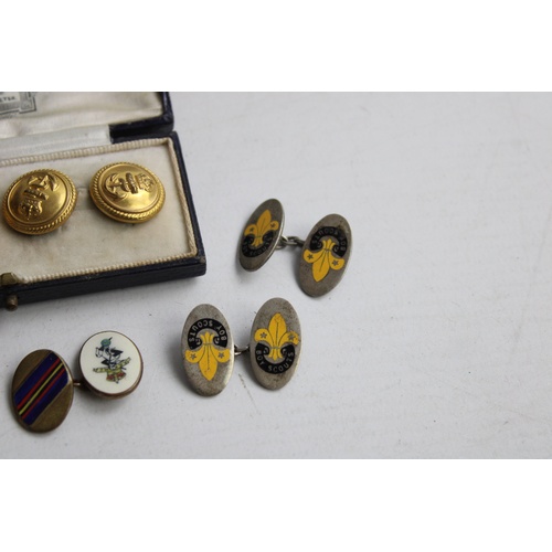 152 - 4 Pairs of Vintage MILITARY & BOY SCOUTS Cufflinks Inc Boxed Kings Crown, Enamel