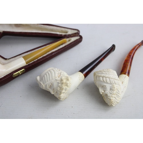 169 - 3 x Vintage MEERSCHAUM ESTATE Smoking Pipes Inc. Figural Man & Original Case