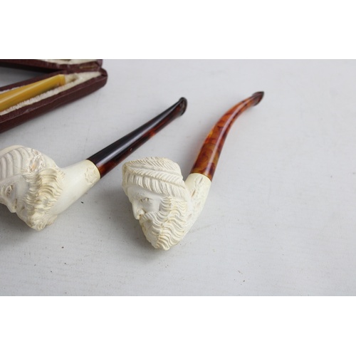 169 - 3 x Vintage MEERSCHAUM ESTATE Smoking Pipes Inc. Figural Man & Original Case