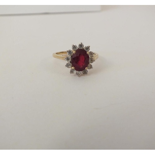 223 - 9ct GOLD RUBY AND DIAMOND CLUSTER RING 2.7g, SIZE Q