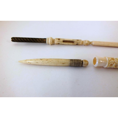 231 - THREE ANTIQUE CARVED BONE ITEMS, LETTER OPENER/PEN, CHEROOT CIGARETTE HOLDER AND SEWING ACCESSORY