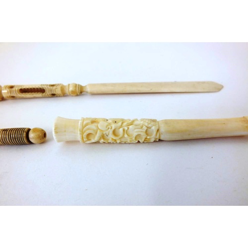 231 - THREE ANTIQUE CARVED BONE ITEMS, LETTER OPENER/PEN, CHEROOT CIGARETTE HOLDER AND SEWING ACCESSORY