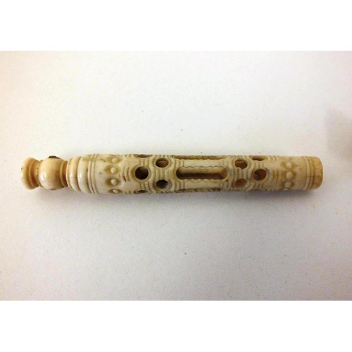 234 - FOUR ANTIQUE CARVED BONE ITEMS INCLUDES, PART OF STANHOPE DIP PEN, REPAIRED CHINESE CARVED LETTER OP... 