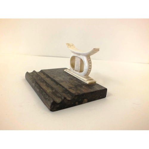 235 - VINTAGE CARVED BONE AND WOOD DESKTOP PEN HOLDER FROM GHANA