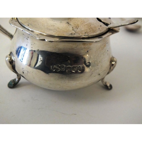 244 - VINTAGE STERLING SILVER CRUET INCLUDES SALT CELLAR, MUSTARD POT, TWO PEPPERETTES AND TWO SALT SPOONS... 