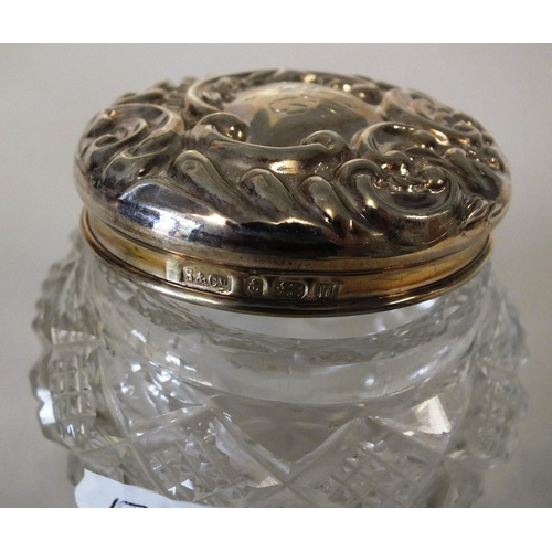 218 - ANTIQUE CUT GLASS AND STERLING SILVER TOP DRESSING TABLE POT, APPROX SIZE H5cm x W6cm, SYDNEY & Co, ... 