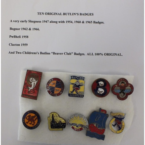 286 - TEN ORIGINAL BUTLINS ENAMEL BADGES INCLUDES, SKEGNESS 1947, 1954 & 1965, BOGNOR 1962 & 66, PWLLHELI ... 