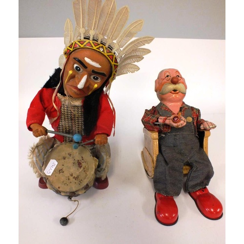 VINTAGE TINPLATE BATTERY OPERATED DRUMMING INDIAN JOE TOY AND OLD MAN IN  ROCKING CHAIR SMOKING A PIP