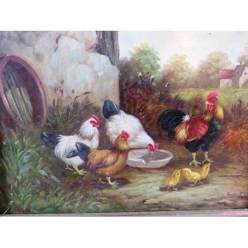 307 - OIL ON BOARD BARNYARD CHICKENS PAINTING IN GOLD GILT FRAME - BY THE ARTIST C.SHAYER