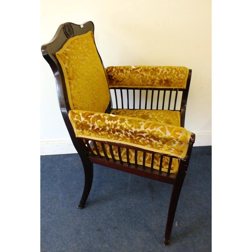 322 - UPHOLTERED FRENCH STYLE CARVED INLAY CHAIR