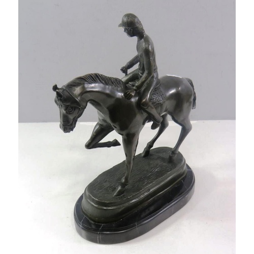 351 - BRONZE RACE HORSE AND RIDER - SIGNED