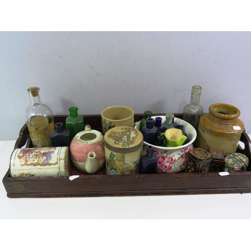 453 - VINTAGE WOODEN TRAY WITH OLD GLASS BOTTLES, TINS AND STONEWARE JARS