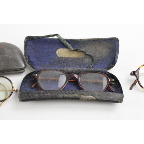 92 - 3 x Antique / Vintage Tortoiseshell SPECTACLES Inc Leather Cases, Rolled Gold