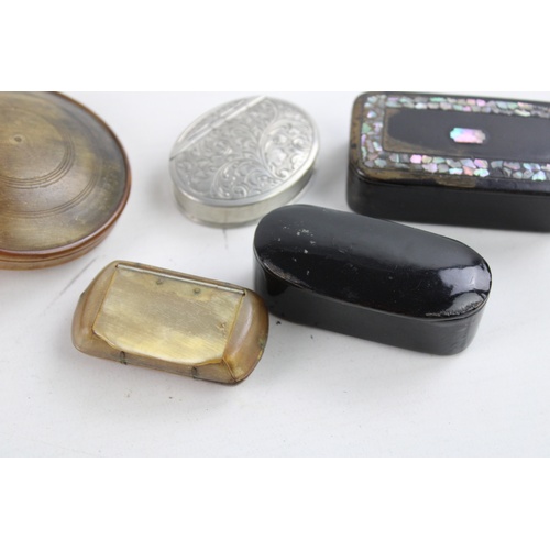 102 - 5 x Antique / Vintage Tobacciana SNUFF Boxes Inc Pewter, Papier Mache Etc