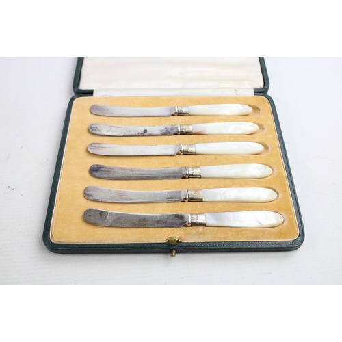 22 - 6 x Antique 1916 Sheffield STERLING SILVER Banded Butter Spreaders Cased (155g)