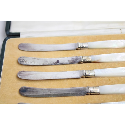 22 - 6 x Antique 1916 Sheffield STERLING SILVER Banded Butter Spreaders Cased (155g)