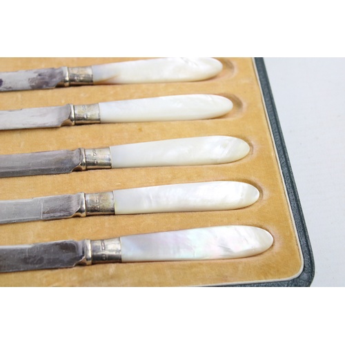 22 - 6 x Antique 1916 Sheffield STERLING SILVER Banded Butter Spreaders Cased (155g)