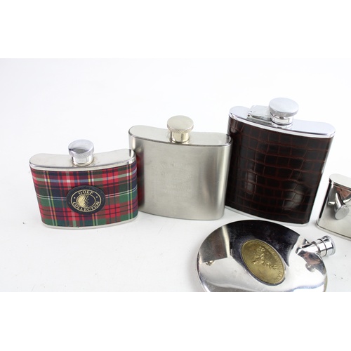 85 - 6 x Vintage Breweriana HIPFLASKS Inc Silver Tone, Tartan, Map, Circular Etc