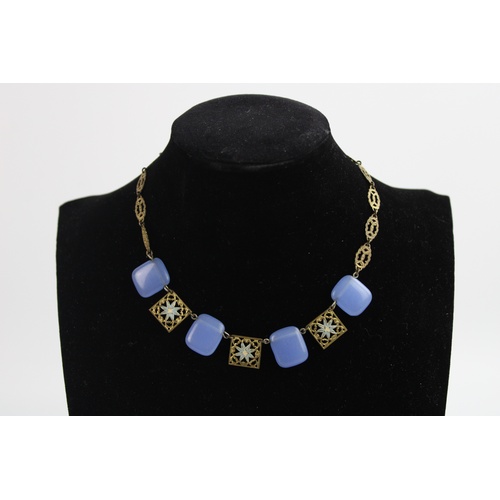 54 - Antique Gold Tone ENAMEL AND GLASS NECKLACE, Approx 35cm (16g)