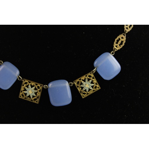 54 - Antique Gold Tone ENAMEL AND GLASS NECKLACE, Approx 35cm (16g)