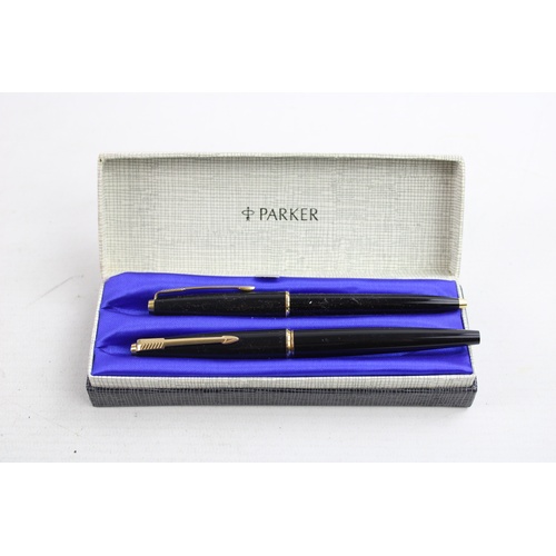 65 - Vintage PARKER 45 Black FOUNTAIN PEN w/ Gold Plate Nib, Ballpoint, Original Box