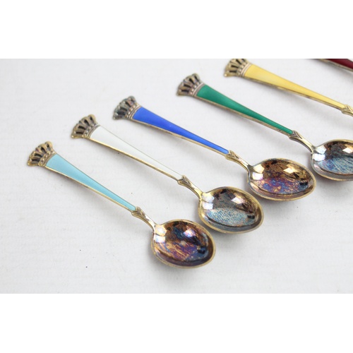 53 - 6 x Vintage Stamped Denmark .925 STERLING SILVER Gilded TEASPOONS w/ Enamel 60g