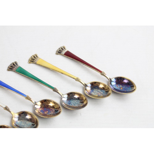 53 - 6 x Vintage Stamped Denmark .925 STERLING SILVER Gilded TEASPOONS w/ Enamel 60g