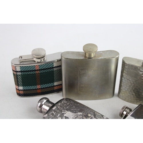 93 - 6 x Vintage Breweriana HIPFLASKS Inc. Engraved Silver Plate, Tartan, Pewter Etc