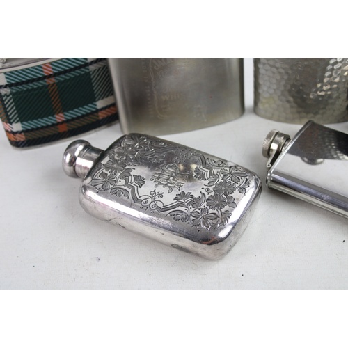 93 - 6 x Vintage Breweriana HIPFLASKS Inc. Engraved Silver Plate, Tartan, Pewter Etc