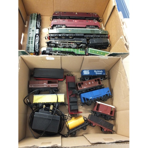 227 - A COLLECTION OF PLAYWORN TRAINS AND WAGONS INCLUDES TRIANG AND HORNBY