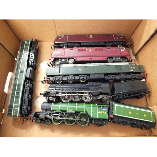 227 - A COLLECTION OF PLAYWORN TRAINS AND WAGONS INCLUDES TRIANG AND HORNBY