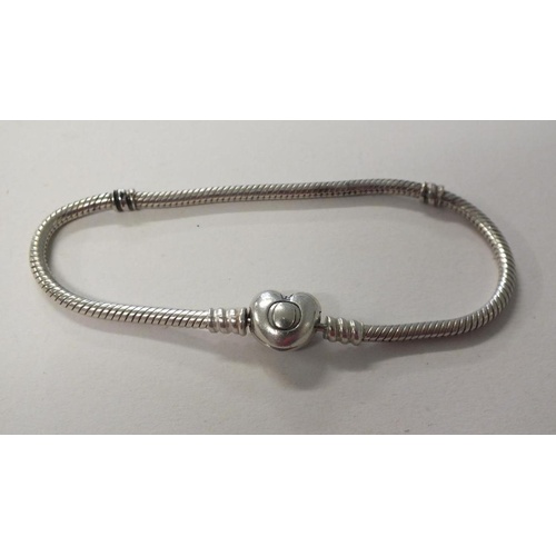 236 - 2GENUINE PANDORA SILVER BRACELET WITH HEART CLASP 7.5