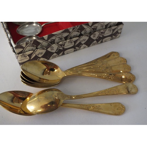 250 - VINTAGE BOXED SET OF THREE SILVER TEASPOONS SET WITH GEMSTONE AND SIX GOLD PLATED TEASPOONS