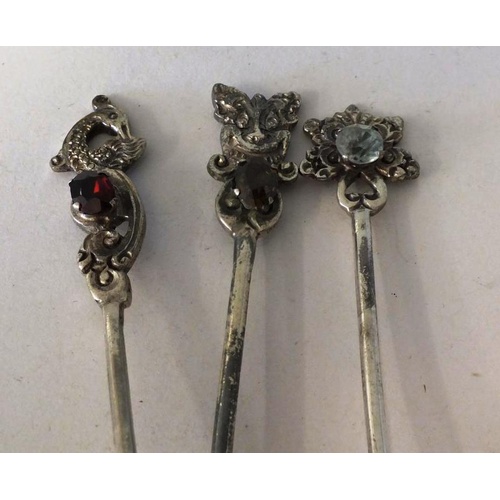 250 - VINTAGE BOXED SET OF THREE SILVER TEASPOONS SET WITH GEMSTONE AND SIX GOLD PLATED TEASPOONS